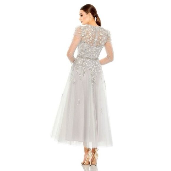 New Mac Duggal Size 4 Gray EMBELLISHED LONG SLEEVE A-LINE MIDI Cocktail Dress - Picture 2 of 11